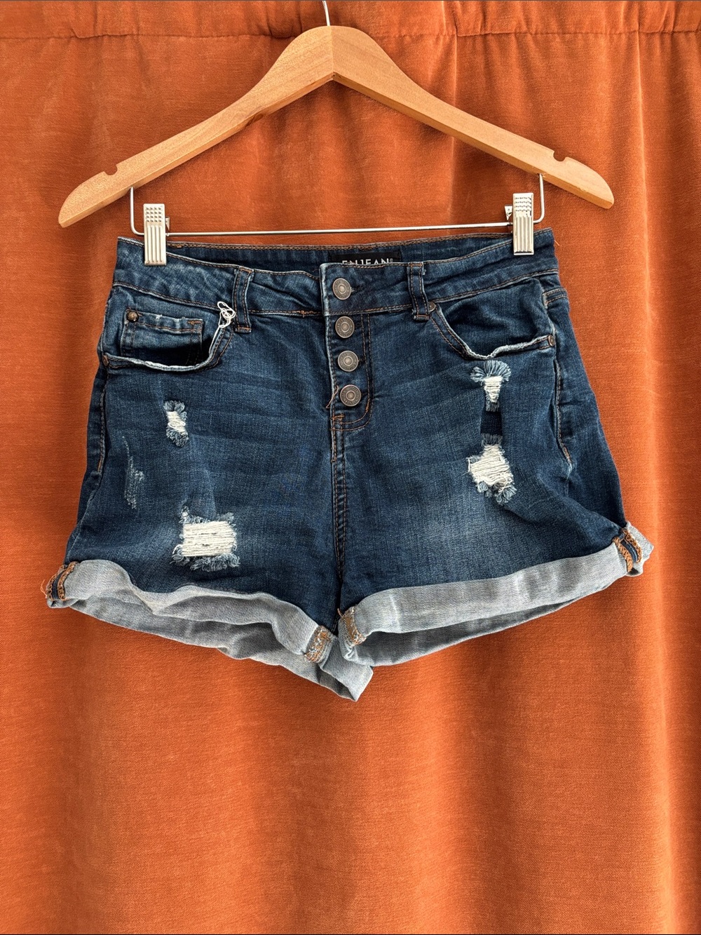 Button-Front Distressed Denim Jean Shorts - Dark Blue